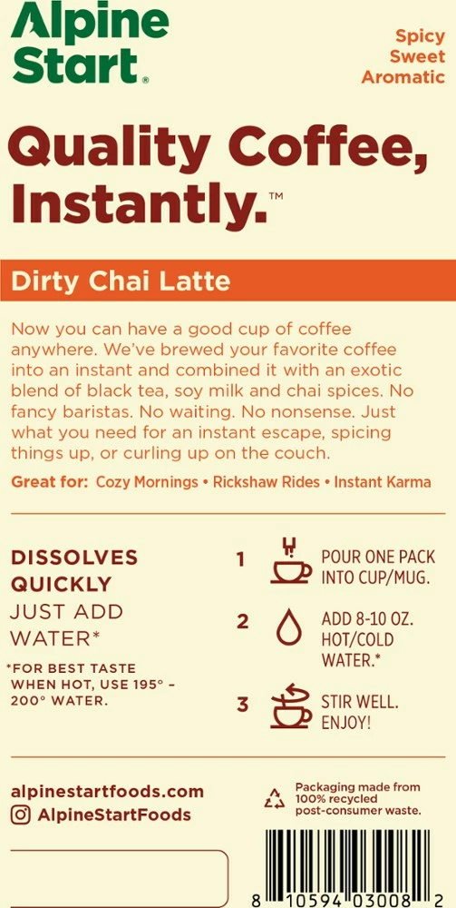 Alpine Start Dirty Chai Latte Instant Coffee - Package of 5 6 Alpine Start Dirty Chai Latte Instant Coffee - Package of 5 - Image 4