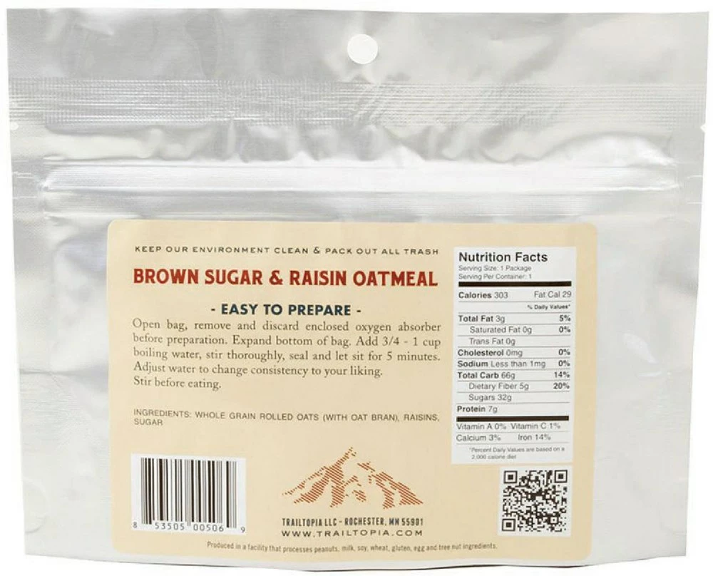 Trailtopia Brown Sugar and Raisin Oatmeal - 1 Serving - None 4 Trailtopia Brown Sugar and Raisin Oatmeal - 1 Serving - None - Image 2