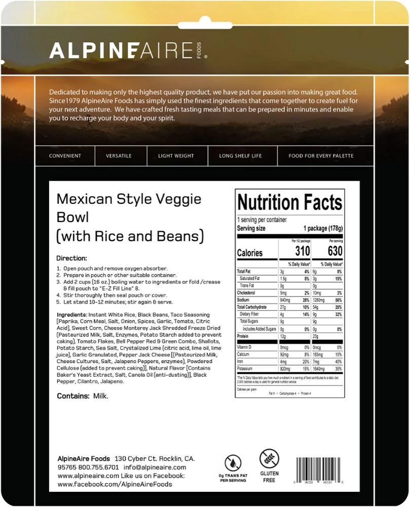 AlpineAire Foods Mexican-Style Veggie Bowl - 1 Serving - None 4 AlpineAire Foods Mexican-Style Veggie Bowl - 1 Serving - None - Image 2