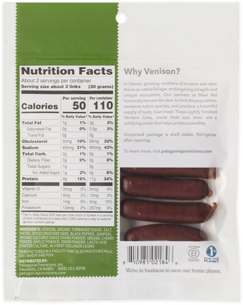 Patagonia Hawaiian Wild Venison Links - Lightly Smoked 4 Patagonia Hawaiian Wild Venison Links - Lightly Smoked - Image 2