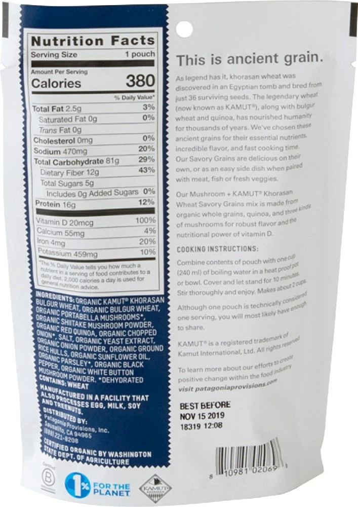 Patagonia Provisions Savory Grains - Mushroom + Kamut Khorasan Wheat - 1 Serving - None 4 Patagonia Provisions Savory Grains - Mushroom + Kamut Khorasan Wheat - 1 Serving - None - Image 2