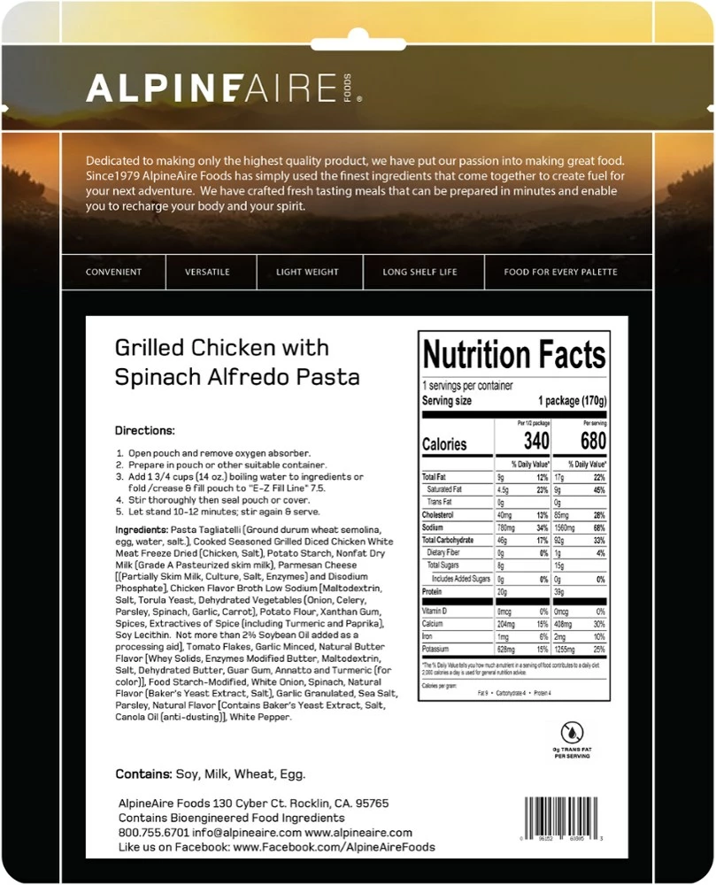 AlpineAire Foods Grilled Chicken with Spinach Alfredo Pasta - 1 Serving 5 AlpineAire Foods Grilled Chicken with Spinach Alfredo Pasta - 1 Serving - Image 3