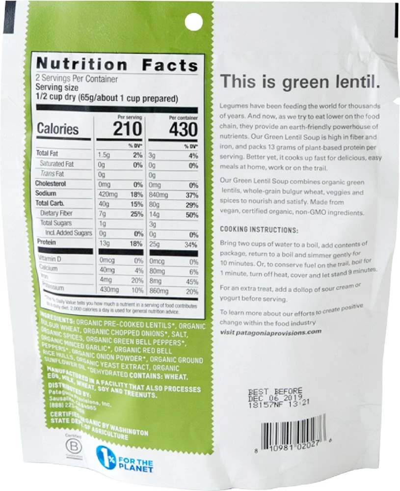 Patagonia Provisions Organic Green Lentil Soup - 2 Servings - None 4 Patagonia Provisions Organic Green Lentil Soup - 2 Servings - None - Image 2