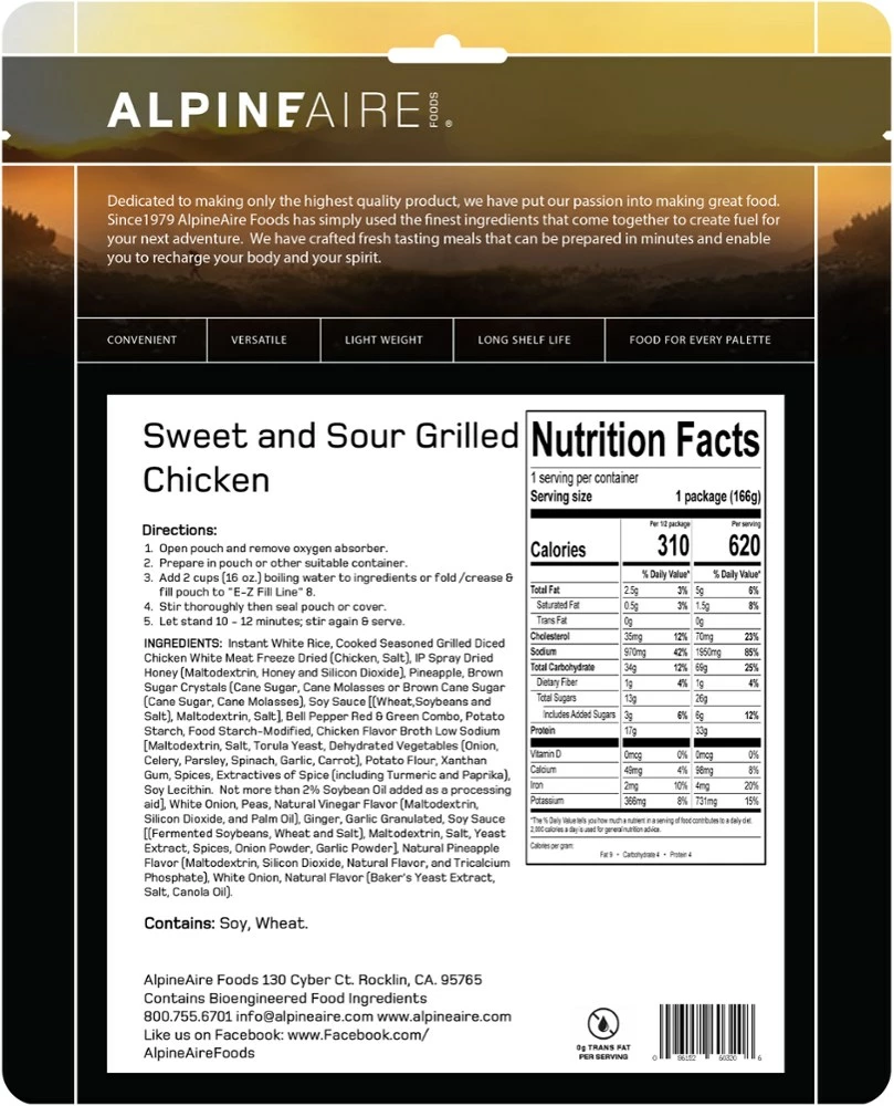 AlpineAire Foods Sweet & Sour Grilled Chicken - 1 Serving - None 5 AlpineAire Foods Sweet & Sour Grilled Chicken - 1 Serving - None - Image 3